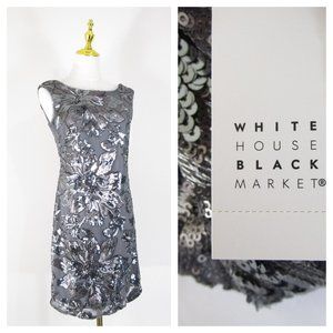 White House Black Market Silver Gray Sequin Floral A-Line Dress Size 2